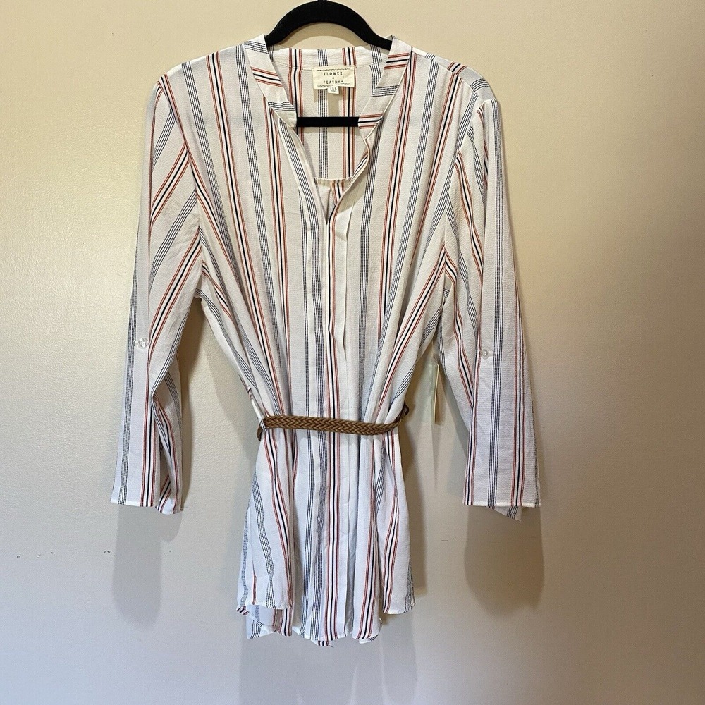 Flower & Feather Top Women's Size 1XL Striped Tunic Woven Belt NWT Spring‎